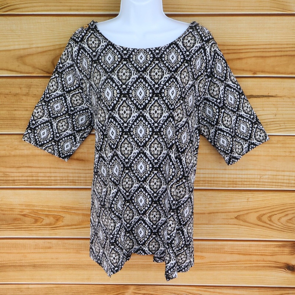 Dana Buchman Blouse Womens Size XL Multicolor Geometric Stretch Button Accents